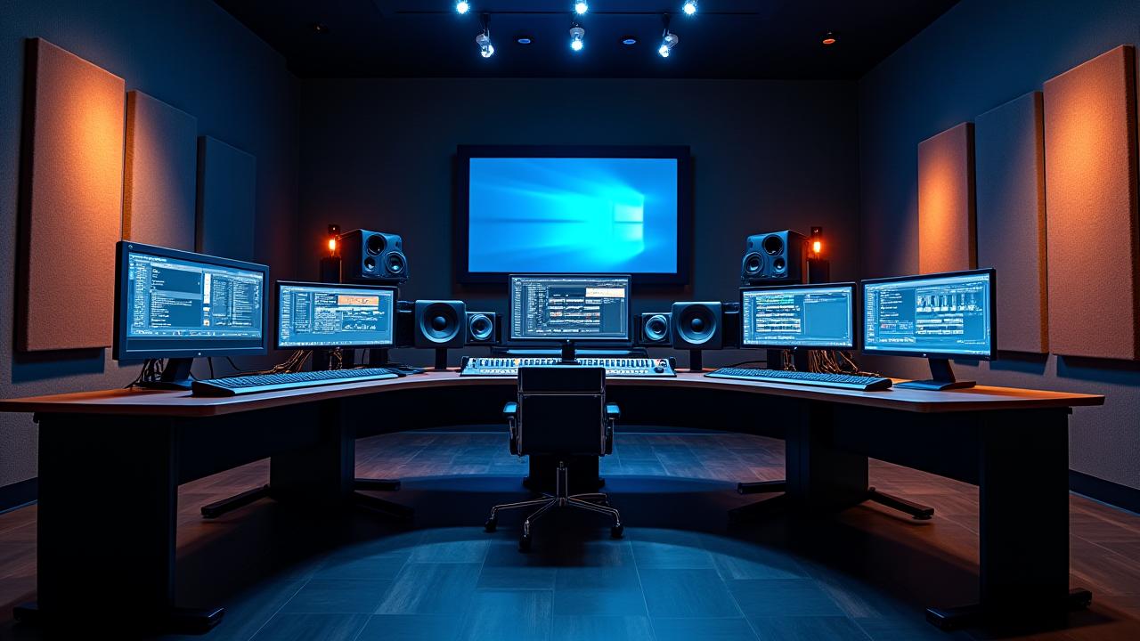 Sala de control con mesa de mezcla y monitores de estudio