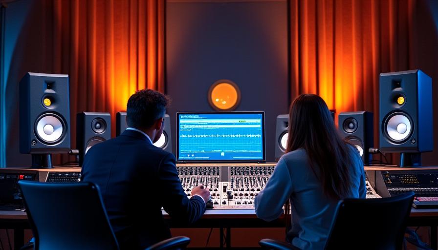 Equipo de Yari Passage trabajando en consolas de audio en un estudio moderno.