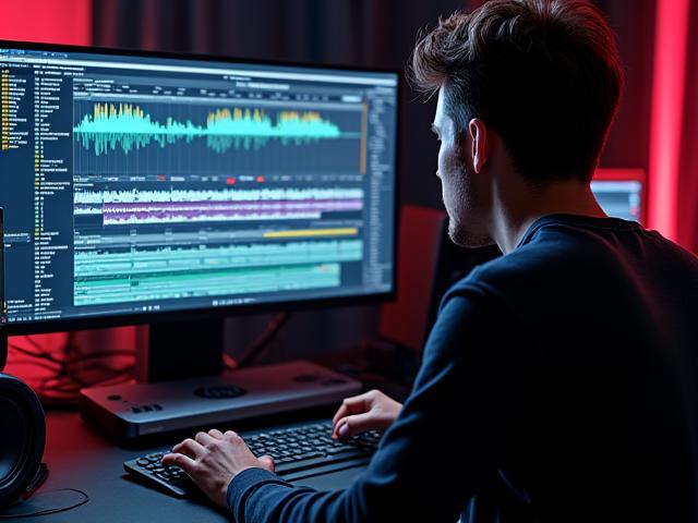 Ingeniero de sonido trabajando en un software de edición de audio con múltiples pistas visualizadas