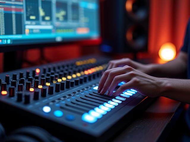 Persona produciendo audio en una consola de mezcla